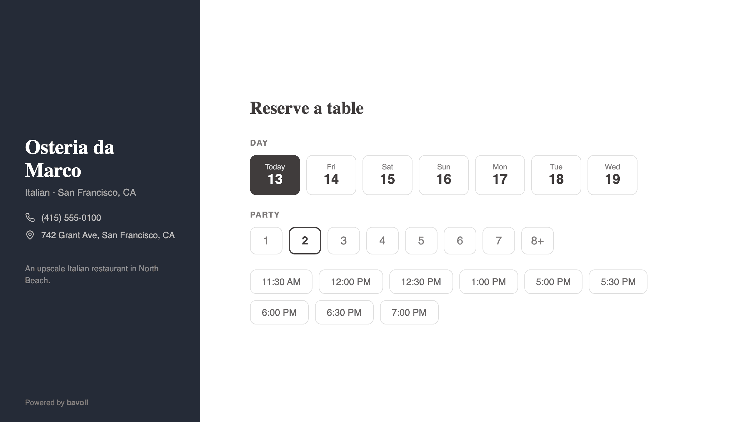 The bavoli booking widget showing available time slots